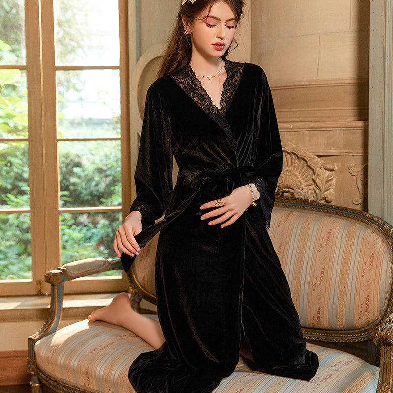 Velvet Lace-Trim Long Robe – Cozy & Luxe Sleepwear Set