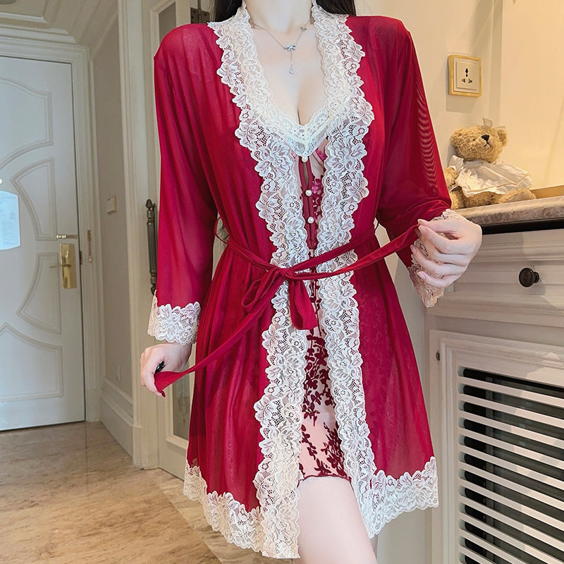 Velvet Floral Lingerie Set with Sheer Lace & Padded Slip Dress