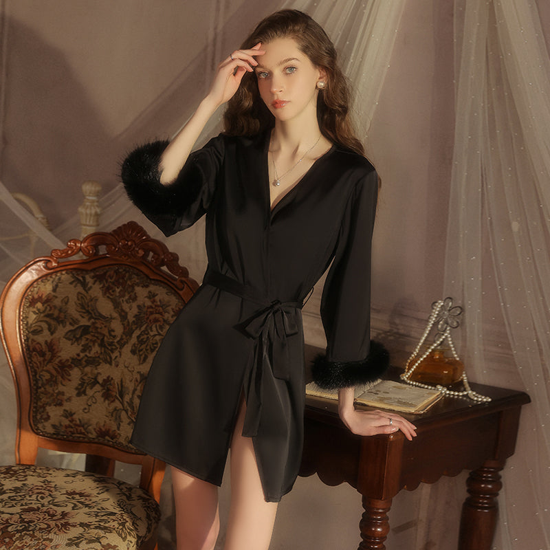 Feather-Trim Satin Robe Set with Deep V Front