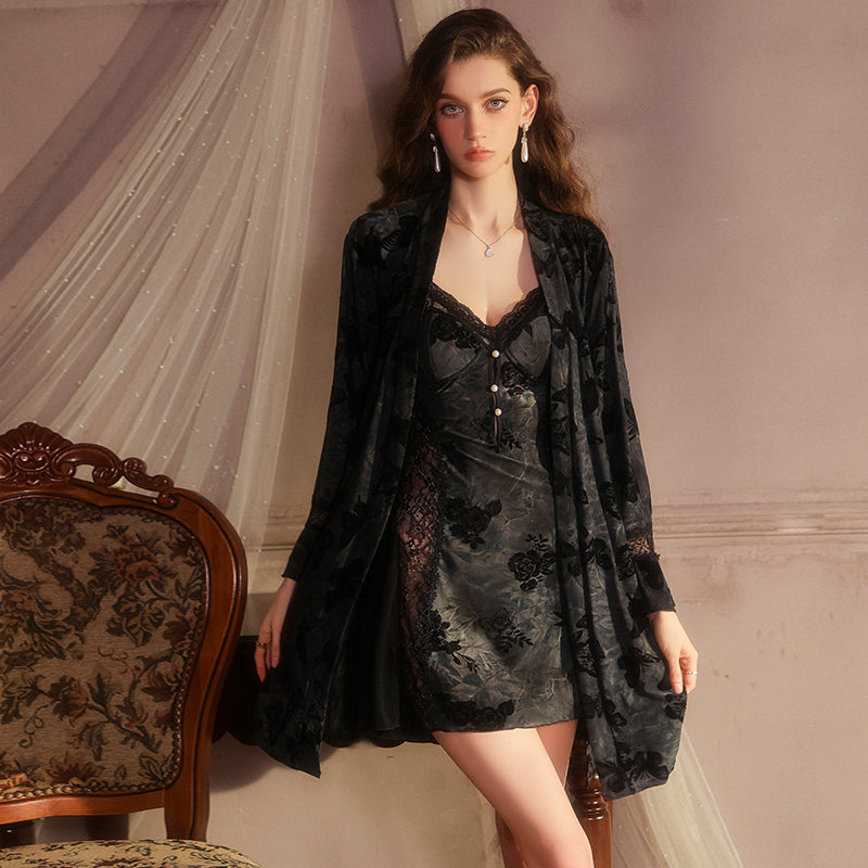 Sexy Backless Flocked Nightgown Set – Deep V & Padded