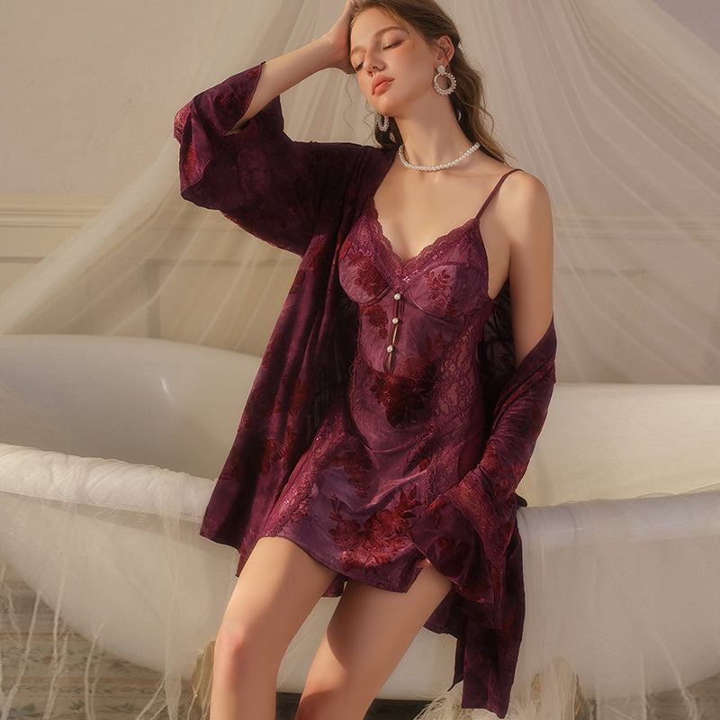 Sexy Backless Flocked Nightgown Set – Deep V & Padded