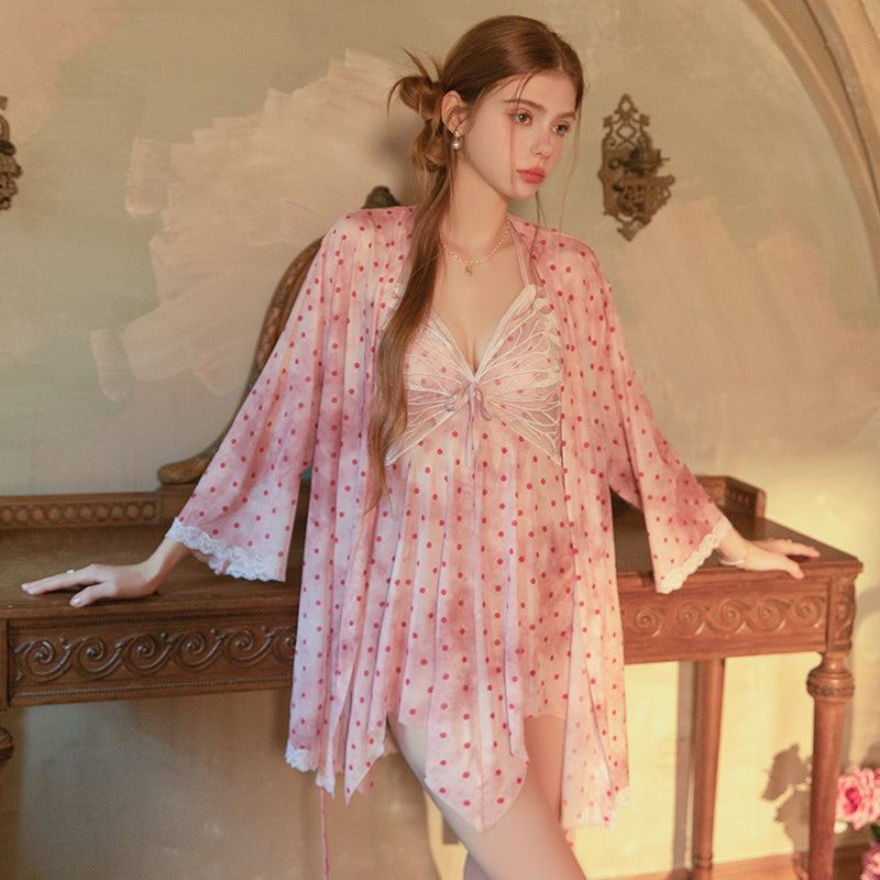 Polka Dot Sheer Lace Padded Nightgown Set – Backless & Flirty