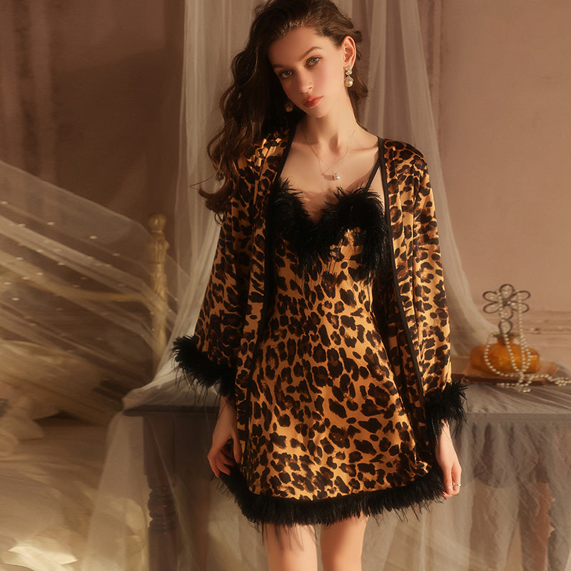 Plus Size Leopard Satin Slip Set with Fluffy Trim