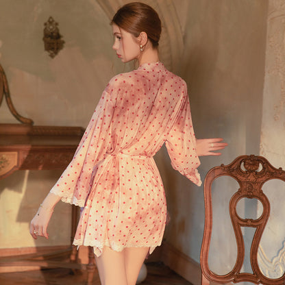 Polka Dot Sheer Lace Padded Nightgown Set – Backless & Flirty