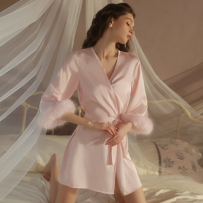 Feather-Trim Satin Robe Set with Deep V Front