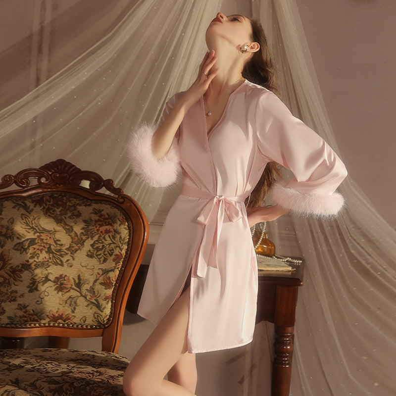 Feather-Trim Satin Robe Set with Deep V Front