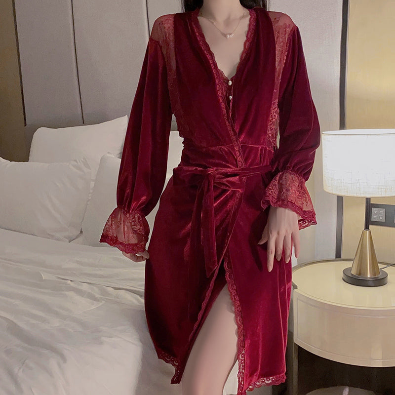 Autumn-Winter Velvet Padded Lace-Trim Split Camisole Nightgown & Robe Set