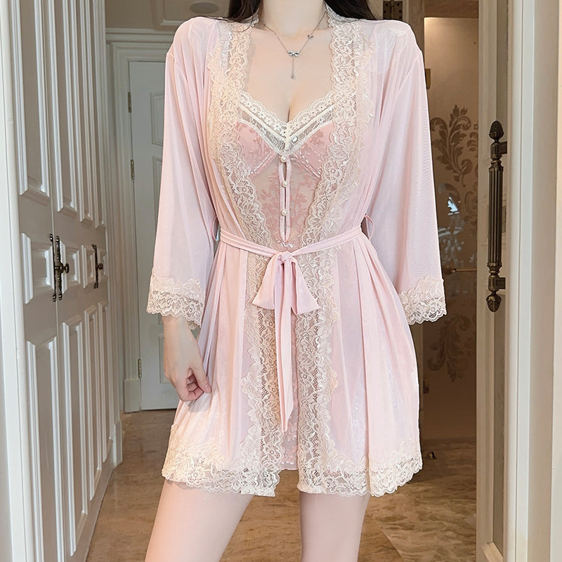 Velvet Floral Lingerie Set with Sheer Lace & Padded Slip Dress