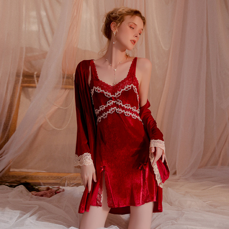 Backless Velvet Camisole Nightgown Set with Padded Slip