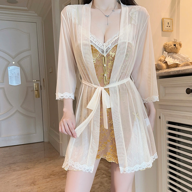 Velvet Floral Lingerie Set with Sheer Lace & Padded Slip Dress