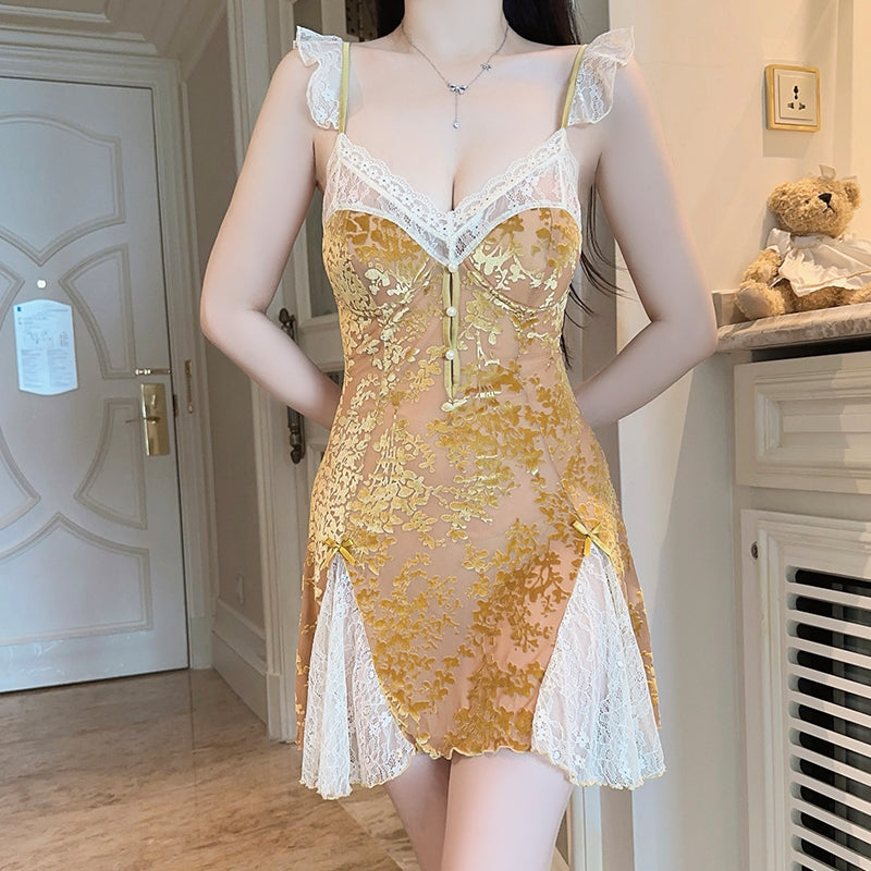 Velvet Floral Lingerie Set with Sheer Lace & Padded Slip Dress