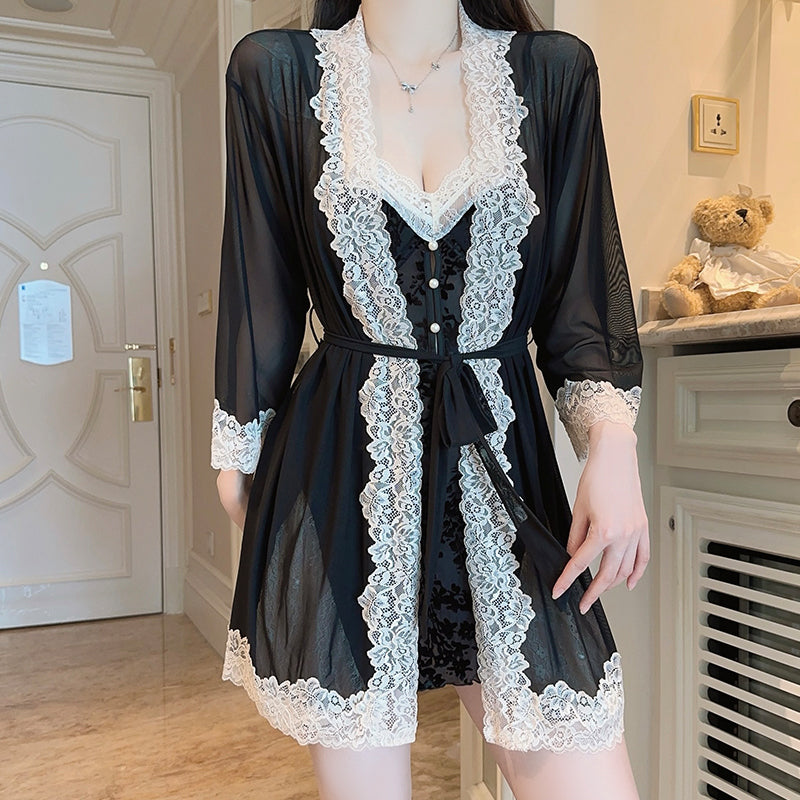 Velvet Floral Lingerie Set with Sheer Lace & Padded Slip Dress