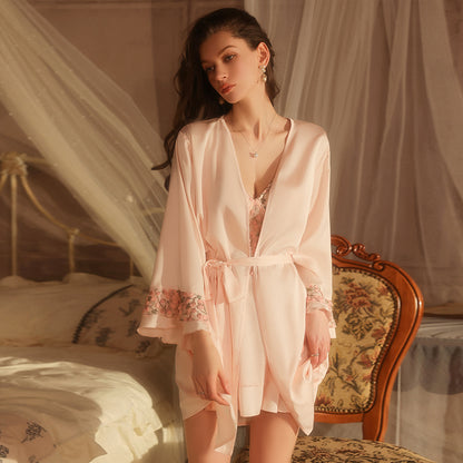 Embroidered Lace Padded Satin Nightgown Set – Deep V & Sexy