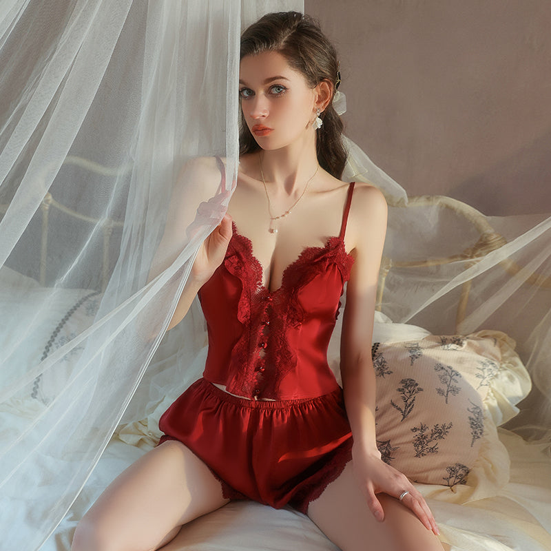 Satin Deep V Neck Camisole & Shorts Sleep Set