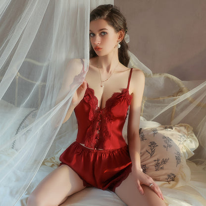 Satin Deep V Neck Camisole & Shorts Sleep Set