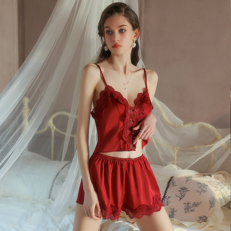 Satin Deep V Neck Camisole & Shorts Sleep Set