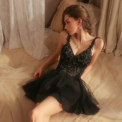 Embroidered Lace Padded Satin Nightgown Set – Deep V & Sexy