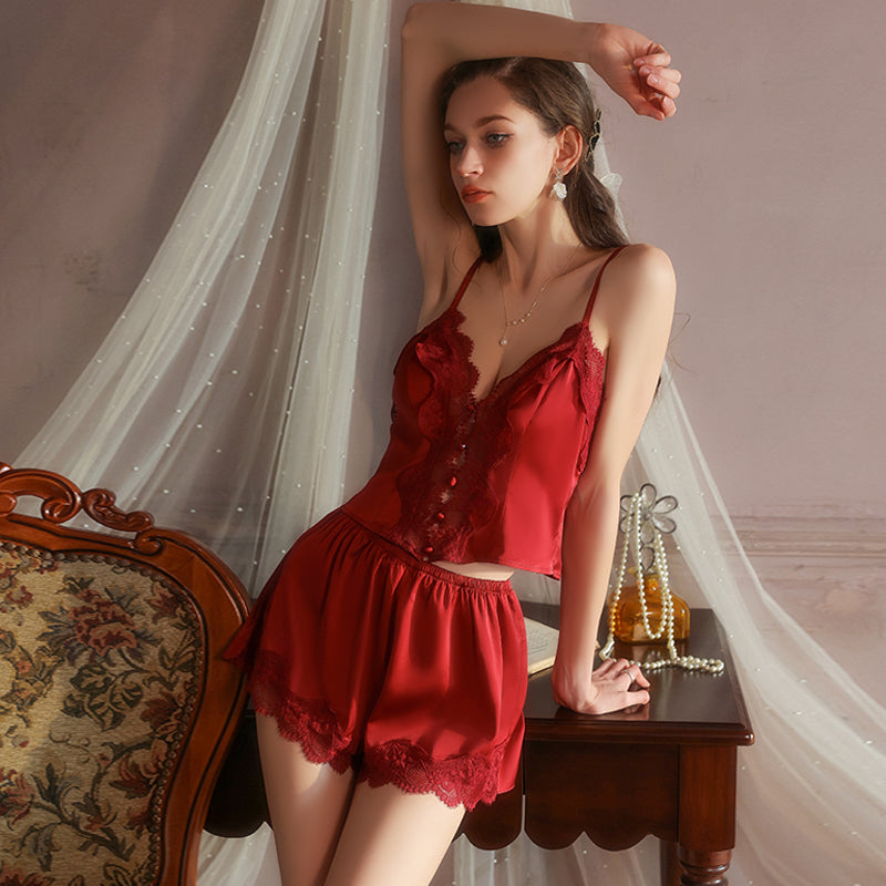 Satin Deep V Neck Camisole & Shorts Sleep Set
