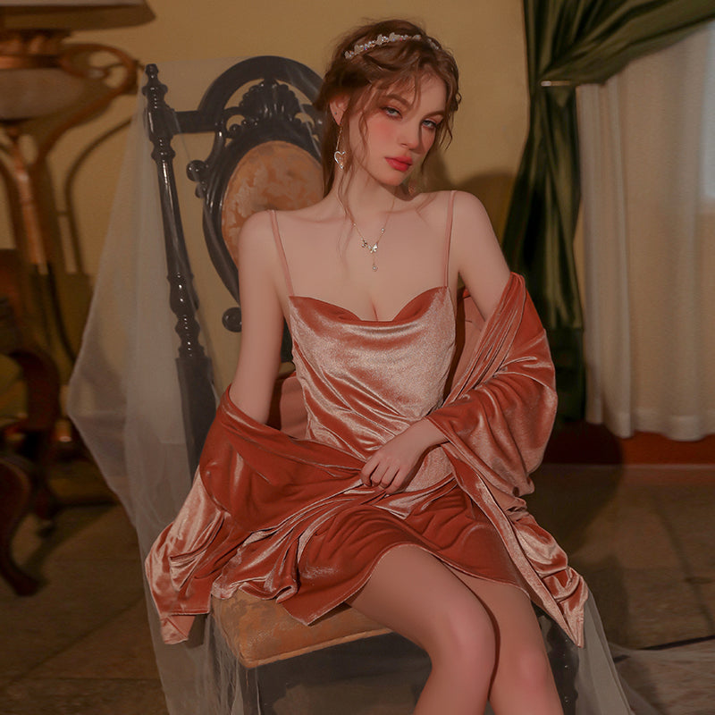 French-Inspired Velvet Backless Side-Slit Nightgown Set