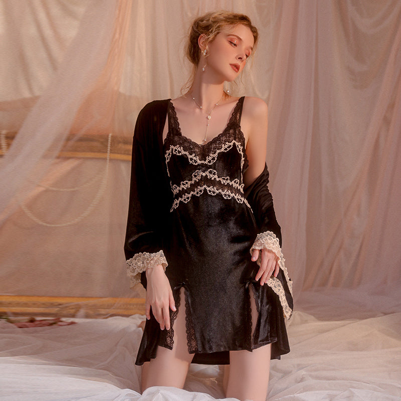 Backless Velvet Camisole Nightgown Set with Padded Slip