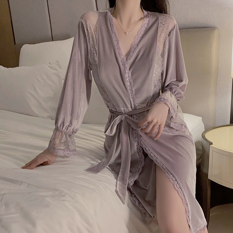 Autumn-Winter Velvet Padded Lace-Trim Split Camisole Nightgown & Robe Set