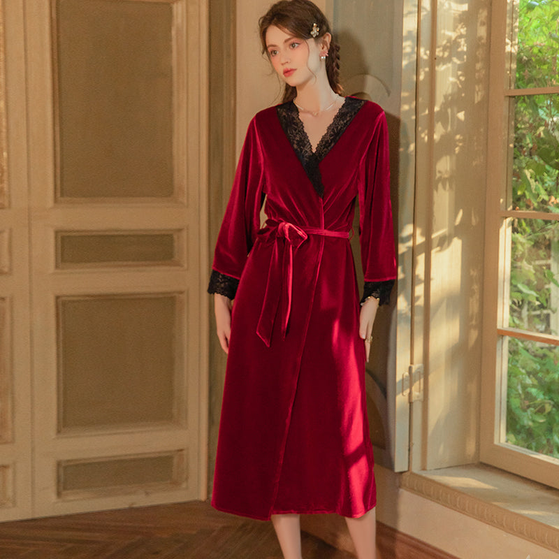 Velvet Lace-Trim Long Robe – Cozy & Luxe Sleepwear Set