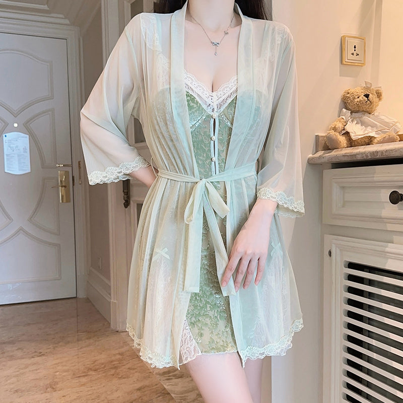 Velvet Floral Lingerie Set with Sheer Lace & Padded Slip Dress