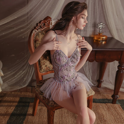 Sexy Sweet Embroidered Lace Bodysuit Set