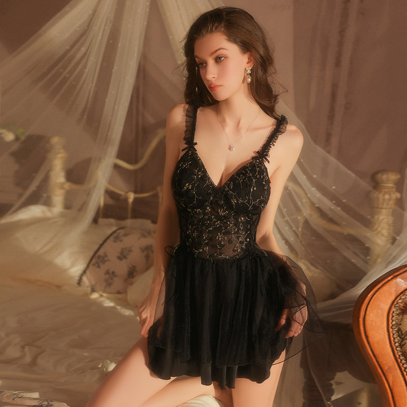 Embroidered Lace Padded Satin Nightgown Set – Deep V & Sexy