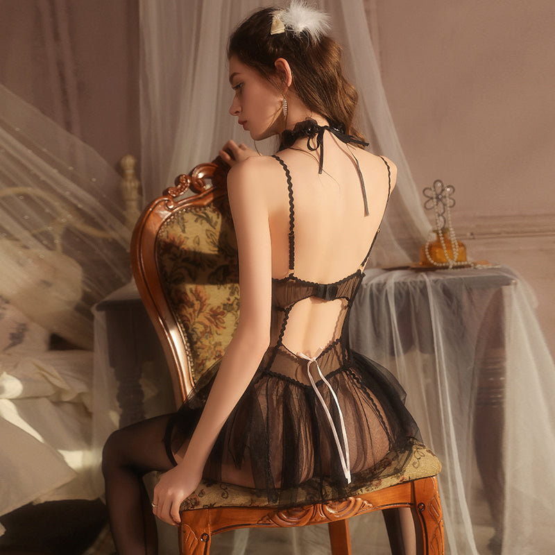 Delicate Sheer Mesh Lace Deep V Bodysuit with Puffy Skirt