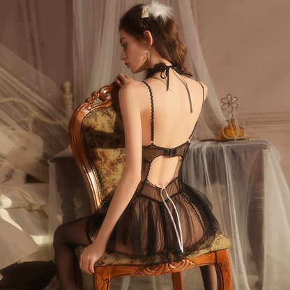 Delicate Sheer Mesh Lace Deep V Bodysuit with Puffy Skirt